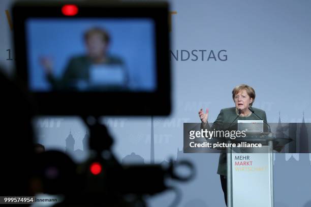 German Chancellor Angela Merkel is giving a speech at the small and medium-sized businesses coalition of CDU/CSU in Nuremberg, Germany, 01 September...