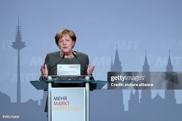 German Chancellor Angela Merkel is giving a speech at the small and medium-sized businesses coalition of CDU/CSU in Nuremberg, Germany, 01 September...