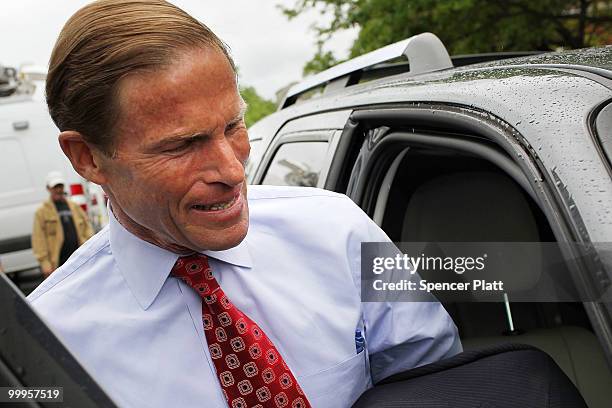 Democratic senatorial candidate, Attorney General of Connecticut Richard Blumenthal leaves after holding a press conference to explain the...