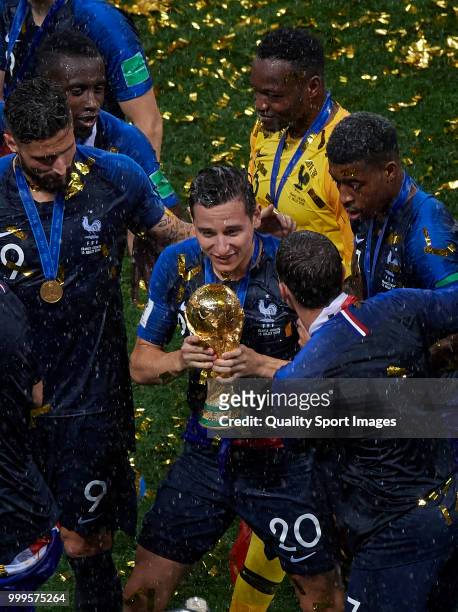 Florian Thauvin of France celebrates with his teammates with the trophy after the 2018 FIFA World Cup Russia Final between France and Croatia at...