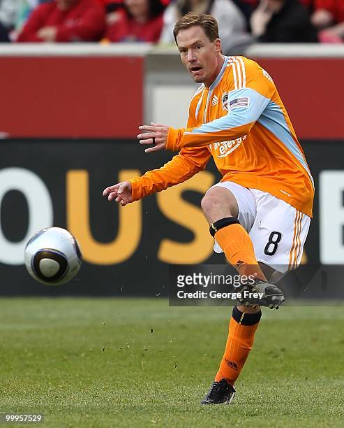 Richard Mulrooney of the Houston Dynamo kicks the ball in a game against Real Salt Lake during the second half of the MLS soccer game on May 13, 2010...