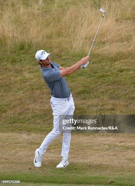 Thomas Pieters of Belgium plays his second shot to the 2nd hole during the Open Qualifying Series as part of the Aberdeen Standard Investments...