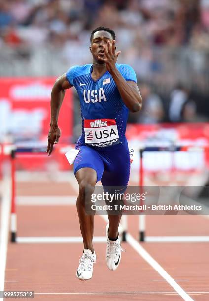 Kenny Selmon of the USA competes in the Men's 400m Hurdles during day two of the Athletics World Cup London at the London Stadium on July 15, 2018 in...