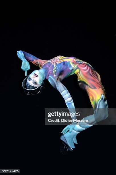 Model, painted by bodypainting artist Miguel Guapacha from Colombia, poses for a picture at the 21st World Bodypainting Festival 2018 on July 14,...
