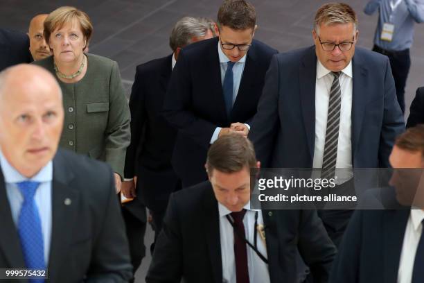German Chancellor Angela Merkel arrives at the small and medium-sized businesses coalition of CDU/CSU in Nuremberg, Germany, 01 September 2017. It is...