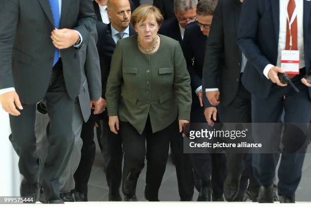 German Chancellor Angela Merkel arrives at the small and medium-sized businesses coalition of CDU/CSU in Nuremberg, Germany, 01 September 2017. It is...