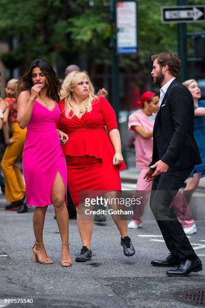 Priyanka Chopra, Rebel Wilson and Liam Hemsworth are seen filming a scene for 'Isn't It Romantic?' in Midtown on July 15, 2018 in New York City.