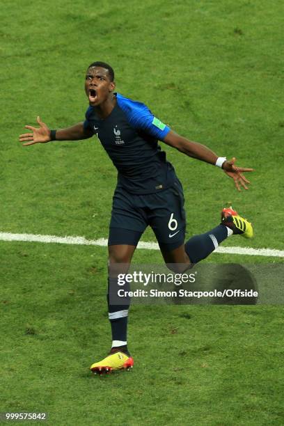 Paul Pogba of France celebrates after scoring their 3rd goal during the 2018 FIFA World Cup Russia Final between France and Croatia at the Luzhniki...