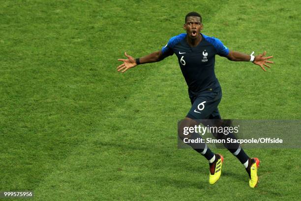 Paul Pogba of France celebrates after scoring their 3rd goal during the 2018 FIFA World Cup Russia Final between France and Croatia at the Luzhniki...