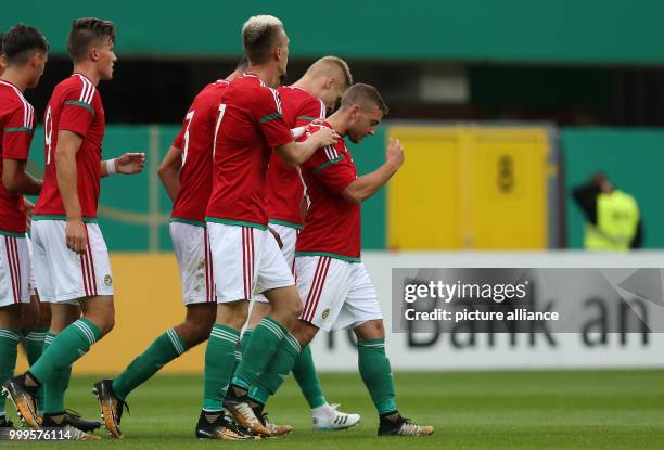 Donat Zsoter from Hungary celebrates his goal that gives his team a 0:1 lead during the Under 21 test match between Germany and Hungary in the...