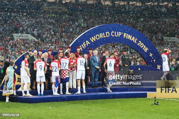 Croatia Team at FIFA World Cup trophy at the end of of the 2018 FIFA World Cup Russia Final between France and Croatia at Luzhniki Stadium on July...
