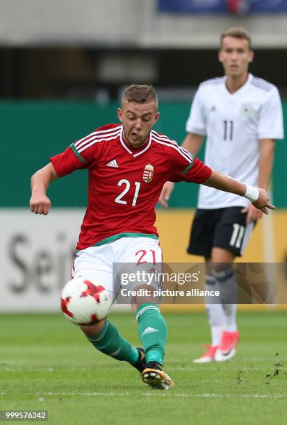 Hungary's Donat Zsoter plays the ball during the Under 21 test match between Germany and Hungary in the Benteler Arena in Paderborn, Germany, 01...