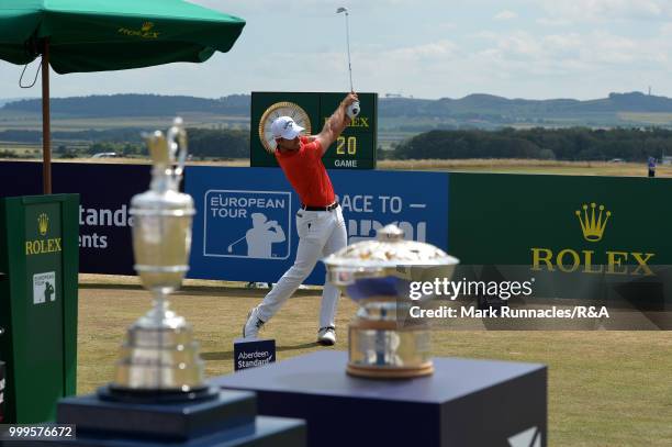 Andrea Pavan of Italy plays his tee shot to the 1st hole during the Open Qualifying Series as part of the Aberdeen Standard Investments Scottish Open...