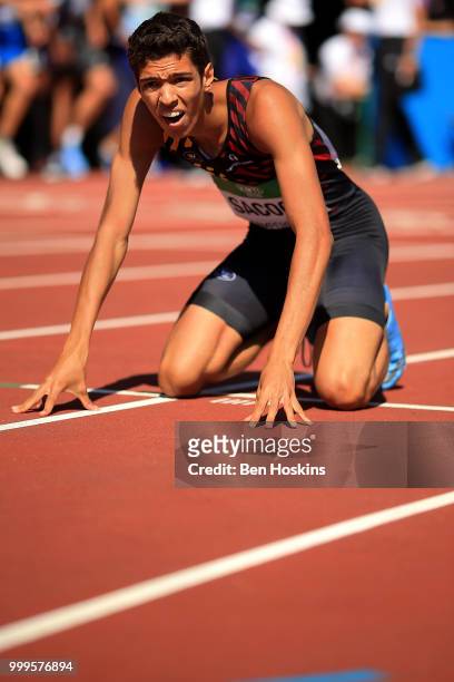 Jonathan Sacoor of Belgium reacts following his leg in the final of the men's 4x400m relay on day six of The IAAF World U20 Championships on July 15,...