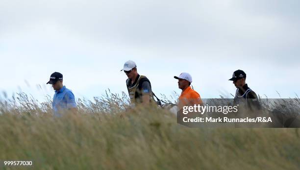 Russell Knox of Scotland and Rickie Fowler of USA walk from the 5th tee during the Open Qualifying Series as part of the Aberdeen Standard...