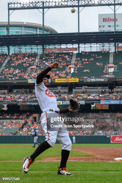 Baltimore Orioles center fielder Adam Jones throws a ball into the crowd at the end of the third inning during the game between the Texas Rangers and...