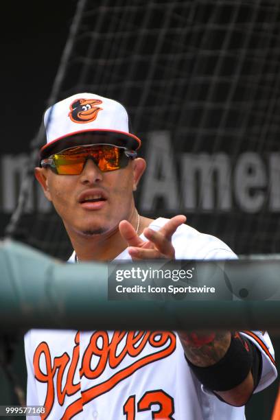 Baltimore Orioles shortstop Manny Machado comes on to the field to be presented with his all-star jersey prior to the game between the Texas Rangers...