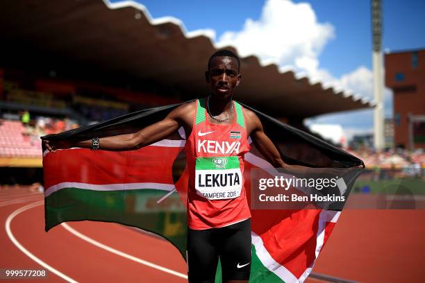 Solomon Leukta of Kenya celebrates winning gold in the final of the men's 800m on day six of The IAAF World U20 Championships on July 15, 2018 in...