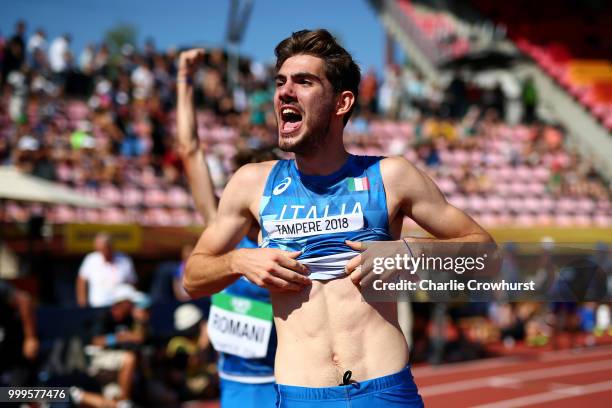 Klaudio Gjetja of Italy celebrates after Italy win gold in the final of the men's 4x400m relay on day six of The IAAF World U20 Championships on July...