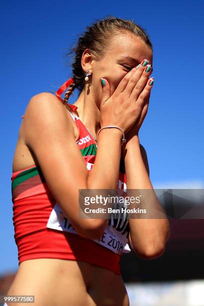 Karyna Taranda of Belarus celebrates winning gold in the final of the women's high jump on day six of The IAAF World U20 Championships on July 15,...