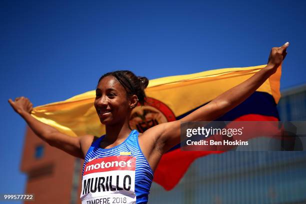 Fernanda Murillo of Columbia celebrates winning bronze in the final of the women's high jump on day six of The IAAF World U20 Championships on July...