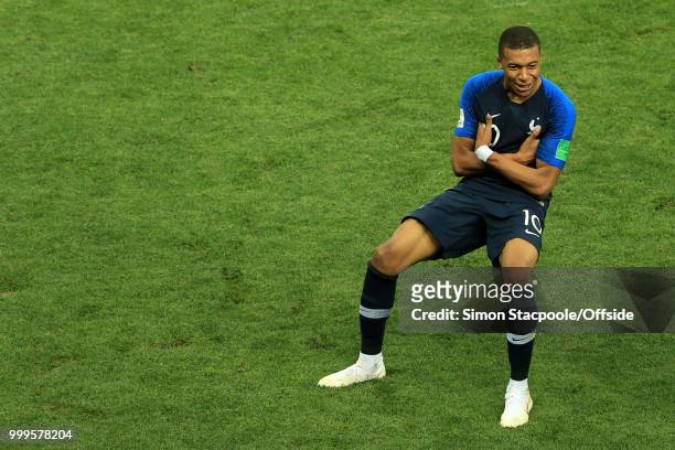 Kylian Mbappe of France celebrates after scoring their 4th goal during the 2018 FIFA World Cup Russia Final between France and Croatia at the...