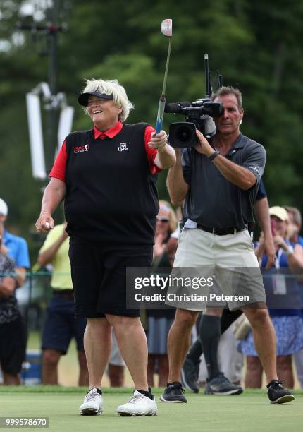 Laura Davies of England celebrates after winning the U.S. Senior Women's Open at Chicago Golf Club on July 15, 2018 in Wheaton, Illinois.