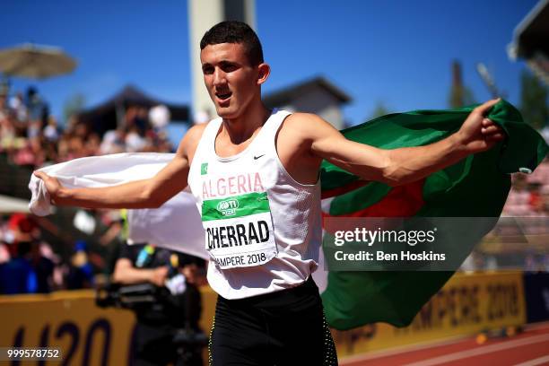 Oussama Cherrad of Algeria celebrates winning bronze in the final of the men's 800m but is later disqualified on day six of The IAAF World U20...