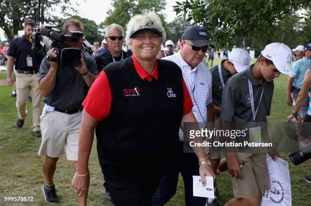 Laura Davies of England walks to the clubhouse after winning the U.S. Senior Women's Open at Chicago Golf Club on July 15, 2018 in Wheaton, Illinois.