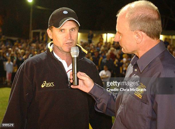 Eels coach Brian Smith talks with former Eels player Peter Sterling during the Parramatta Eels fan rally prior to this weekends NRL Grand Final match...