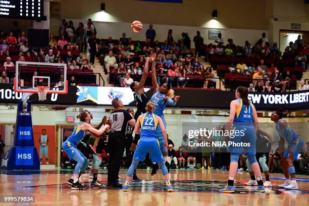 Tip off between Cheyenne Parker of the Chicago Sky and Kia Vaughn of the New York Liberty on July 15, 2018 at Westchester County Center in White...