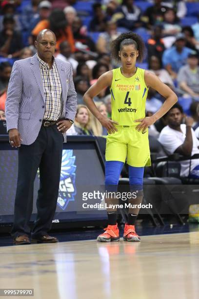 Head Coach Fred Williams of the Dallas Wings and Skylar Diggins-Smith of the Dallas Wings look on during the game against the Phoenix Mercury on July...