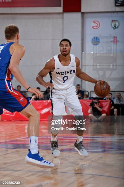 Isaiah Cousins of the Minnesota Timberwolves handles the ball against the Detroit Pistons during the 2018 Las Vegas Summer League on July 11, 2018 at...