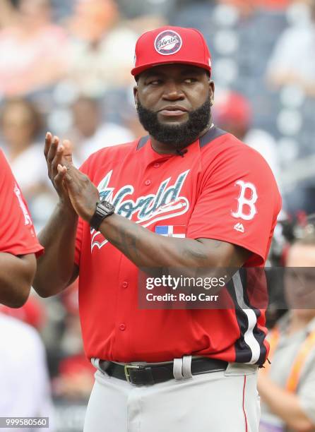 Manager David Ortiz of the World Team looks on before his team plays against the U.S. Team in the SiriusXM All-Star Futures Game at Nationals Park on...