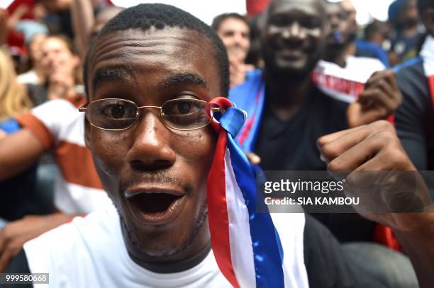 Supporter celebrates France's victory at the end of the Russia 2018 World Cup final football match between France and Croatia, on July 15, 2018 at...