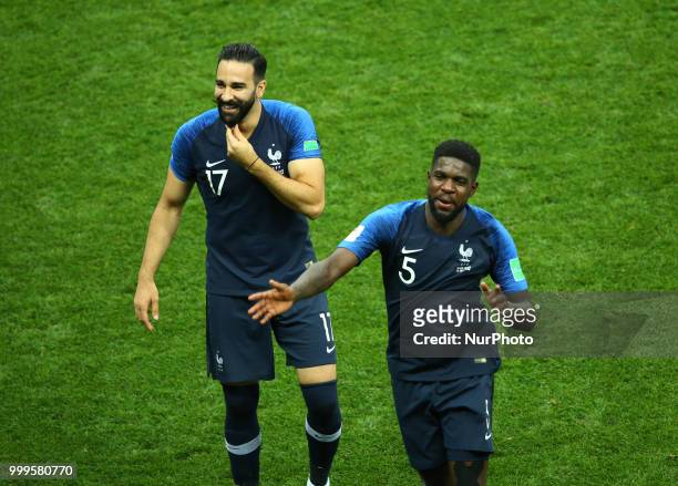 France v Croatia - FIFA World Cup Russia 2018 Final Adil Rami and Samuel Umtiti celebrate at Luzhniki Stadium in Russia on July 15, 2018.
