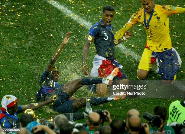 France v Croatia - FIFA World Cup Russia 2018 Final Ousmane Dembele and Presnel Kimpembe celebration at Luzhniki Stadium in Russia on July 15, 2018.