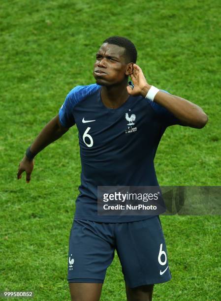 France v Croatia - FIFA World Cup Russia 2018 Final Paul Pogba celebrates near the french players families stands before the award ceremony at...