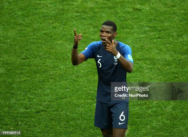 France v Croatia - FIFA World Cup Russia 2018 Final Paul Pogba celebrates near the french players families stands before the award ceremony at...
