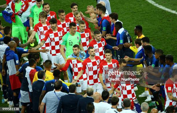 France v Croatia - FIFA World Cup Russia 2018 Final fair-play between the two teams before the award ceremony at Luzhniki Stadium in Russia on July...