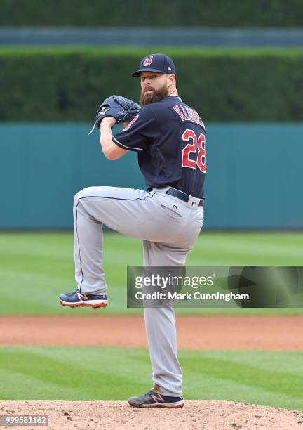 Corey Kluber of the Cleveland Indians throws a warm-up pitch during the game against the Detroit Tigers at Comerica Park on June 10, 2018 in Detroit,...