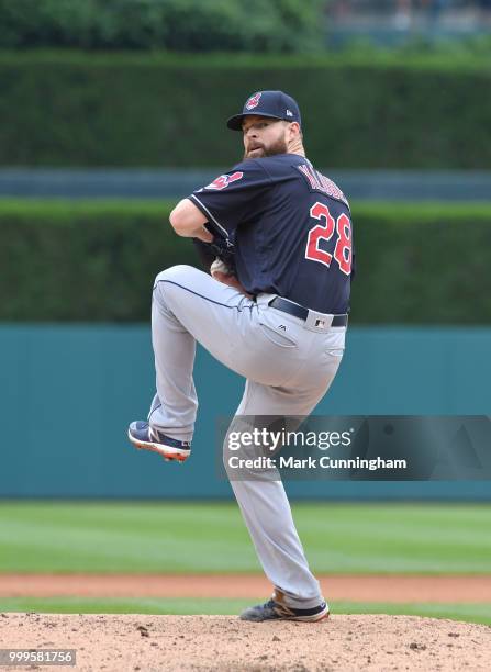 Corey Kluber of the Cleveland Indians throws a warm-up pitch during the game against the Detroit Tigers at Comerica Park on June 10, 2018 in Detroit,...