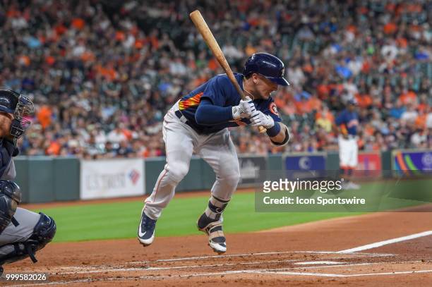 Houston Astros infielder Alex Bregman is brushed back from the plate during the baseball game between the Detroit Tigers and the Houston Astros on...