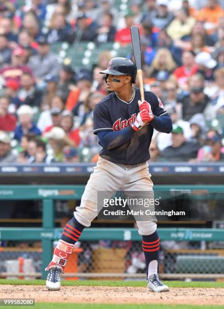 Francisco Lindor of the Cleveland Indians bats during the game against the Detroit Tigers at Comerica Park on June 10, 2018 in Detroit, Michigan. The...