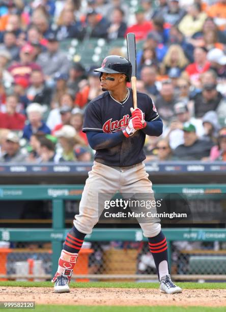 Francisco Lindor of the Cleveland Indians bats during the game against the Detroit Tigers at Comerica Park on June 10, 2018 in Detroit, Michigan. The...