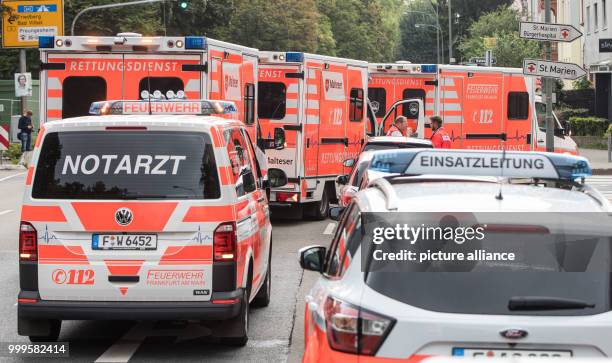 Several ambulances stand at the entrance of the Buergerhospital, in Frankfurt am Main, Germany, 2 September 2017. The hospital has to be evacuated on...