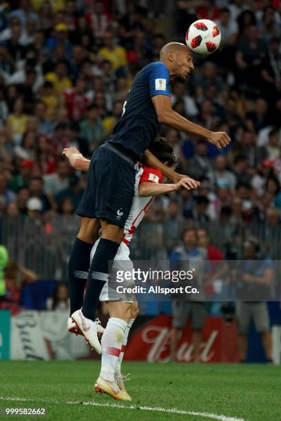 Steven Nzonzi of France heads the ball during the 2018 FIFA World Cup Russia Final between France and Croatia at Luzhniki Stadium on July 15, 2018 in...