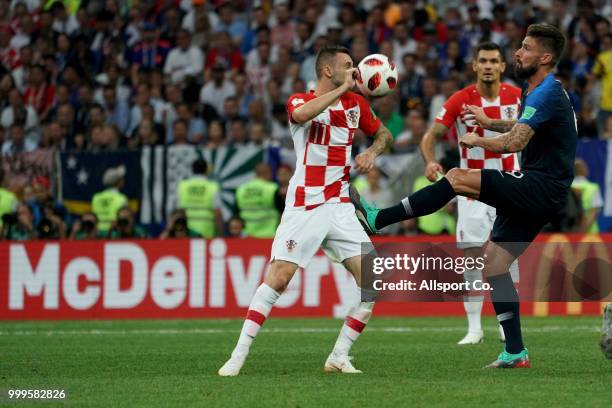 Olivier Giroud of France competes for the ball during the 2018 FIFA World Cup Russia Final between France and Croatia at Luzhniki Stadium on July 15,...