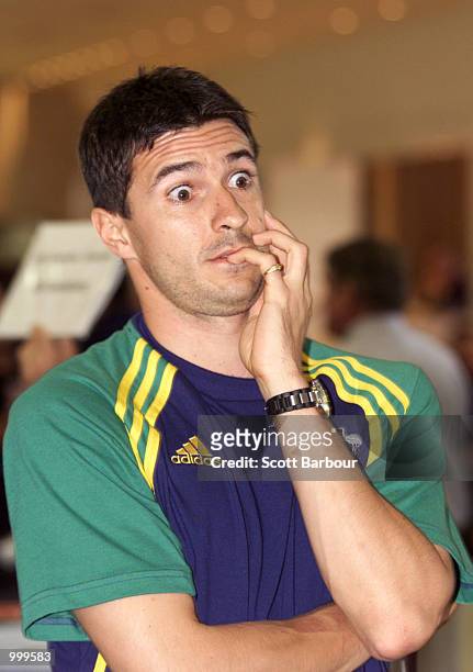 Australian captain Paul Okon after the Australian Socceroos return from Uruguay after failing to qualify for the 2002 FIFA World Cup Finals at Sydney...