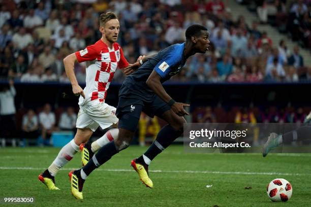 Paul Pogba of France runs with the ball during the 2018 FIFA World Cup Russia Final between France and Croatia at Luzhniki Stadium on July 15, 2018...